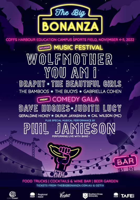 The Big Bonanza 2022 poster — neon signs and big-top tents at night, with the music and comedy lineup below