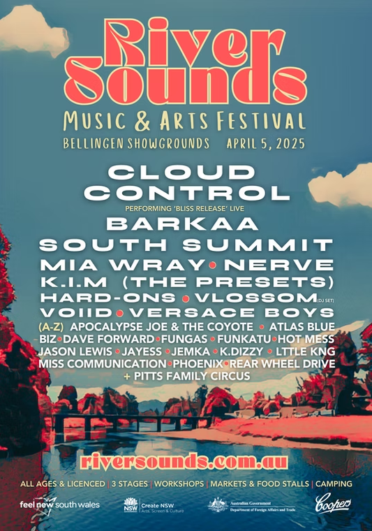River Sounds 2025 poster — the Bellingen river and bridge in red and cream, with the festival name and lineup below