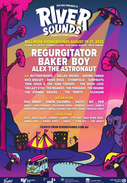 River Sounds 2022 poster — a colourful illustration of a flying saucer, a camper van and a koala, with the festival name and lineup below