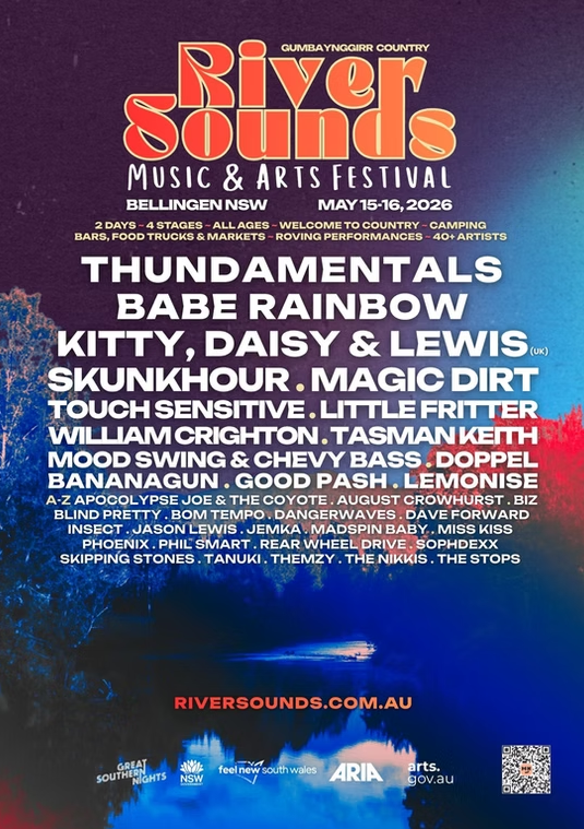 River Sounds 2020 poster — a river at dusk in blue and red light, with the festival name and lineup printed below
